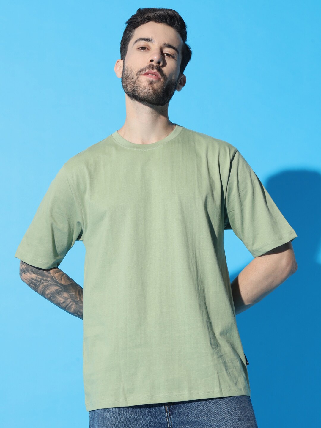 

The Dry State Men Solid Half Sleeve Oversized T-shirt, Green