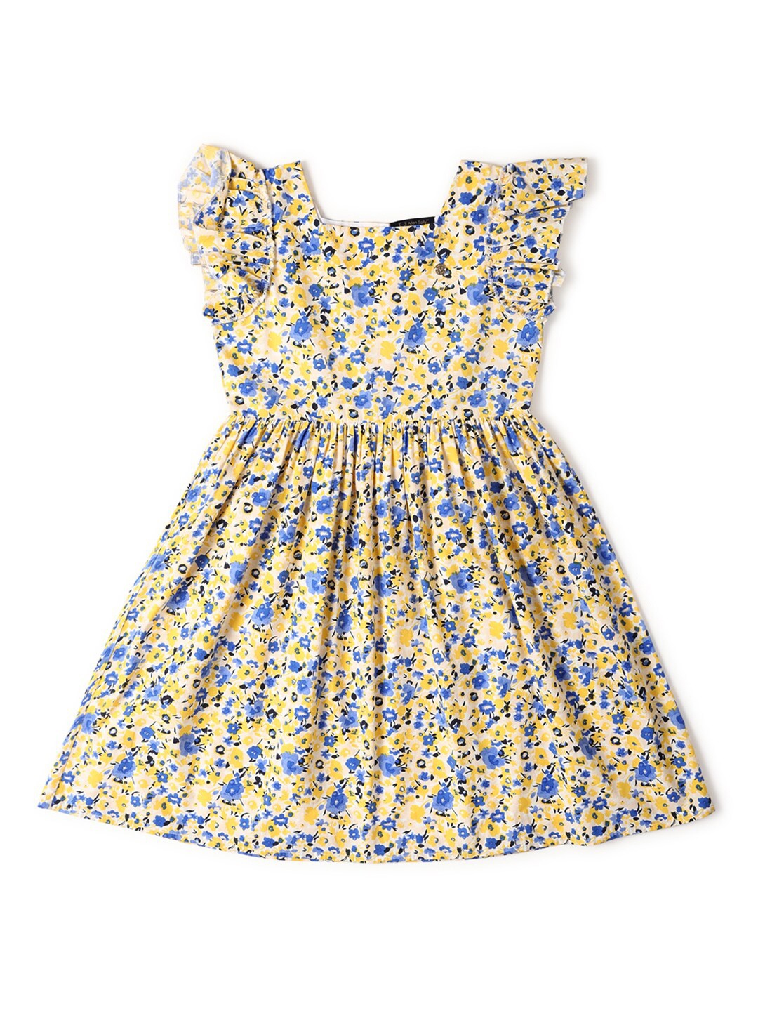 Allen Solly Junior Girls Floral Print Flutter Sleeves Fit & Flare Dress, Yellow