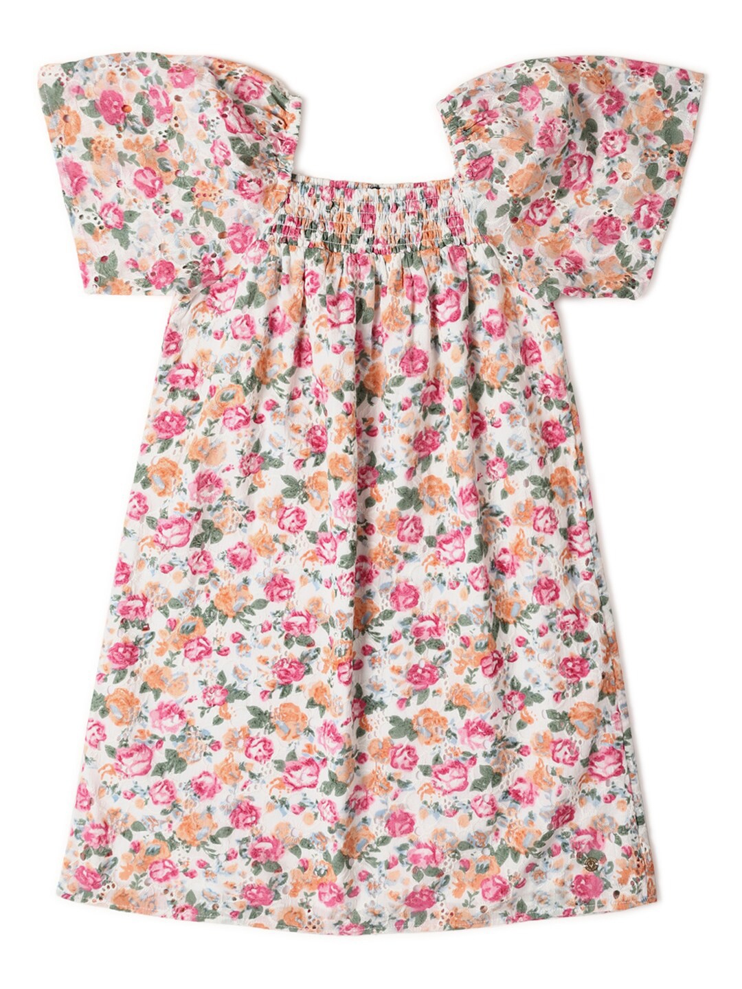 

Allen Solly Junior Girls Floral Print Square Neck Puff Sleeves Cotton A-Line Dress, Pink