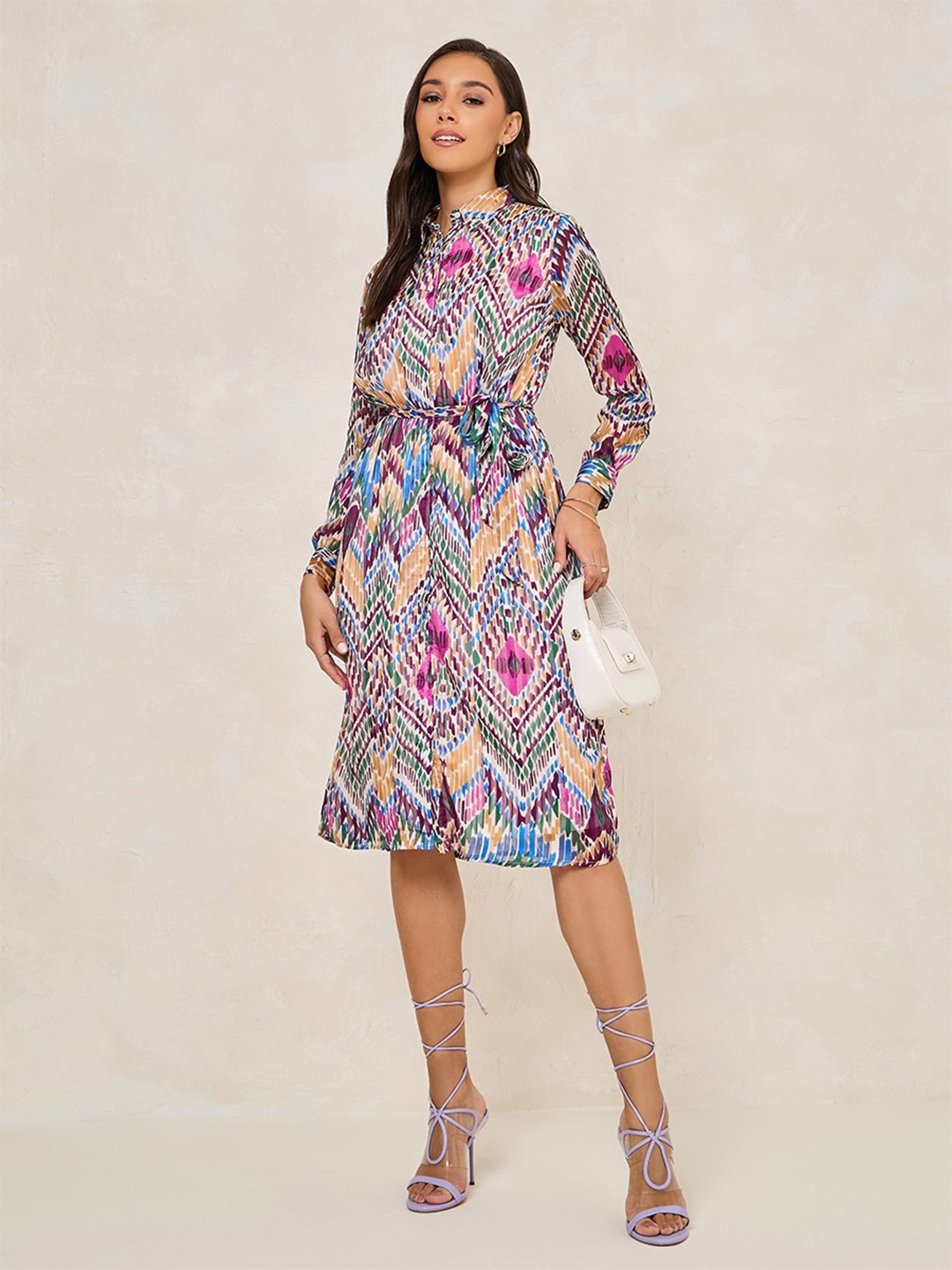 

Styli Women Aztec Print Shirt Midi Dress with Tie Belt, Multi