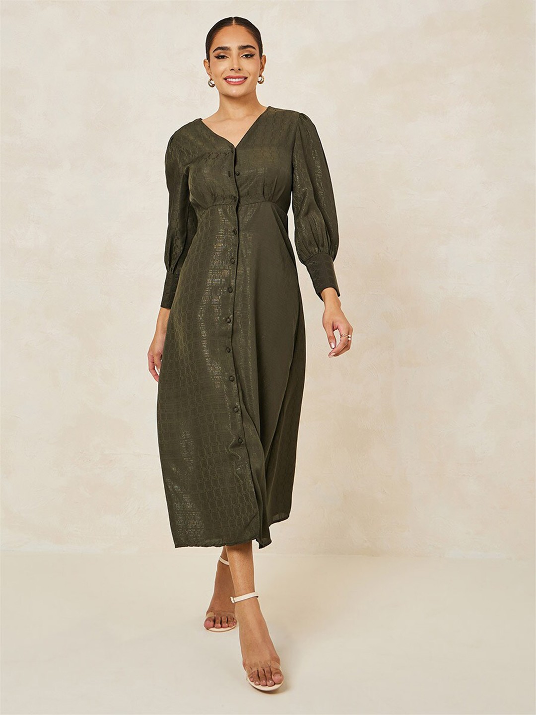 

Styli Women Jacquard V Neck A-Line Maxi Dress, Olive