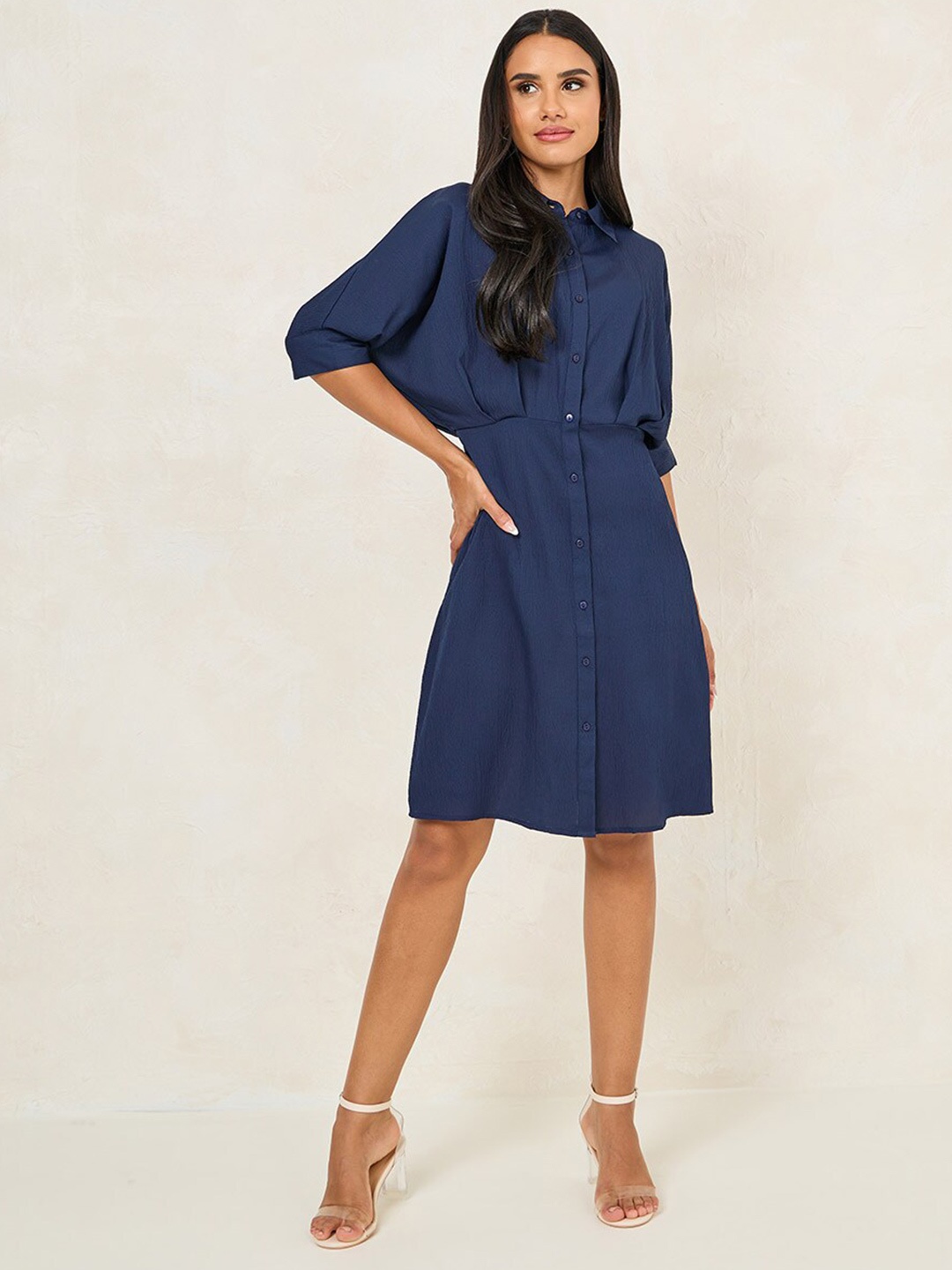 

Styli Women Solid Batwing Sleeve Shirt Knee Length Dress, Navy blue