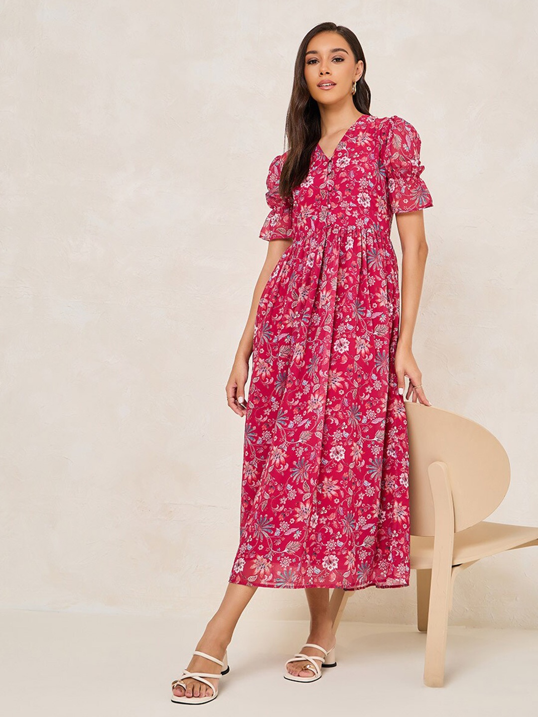 

Styli Women Floral Print V-Neck A-Line Maxi Dress, Pink