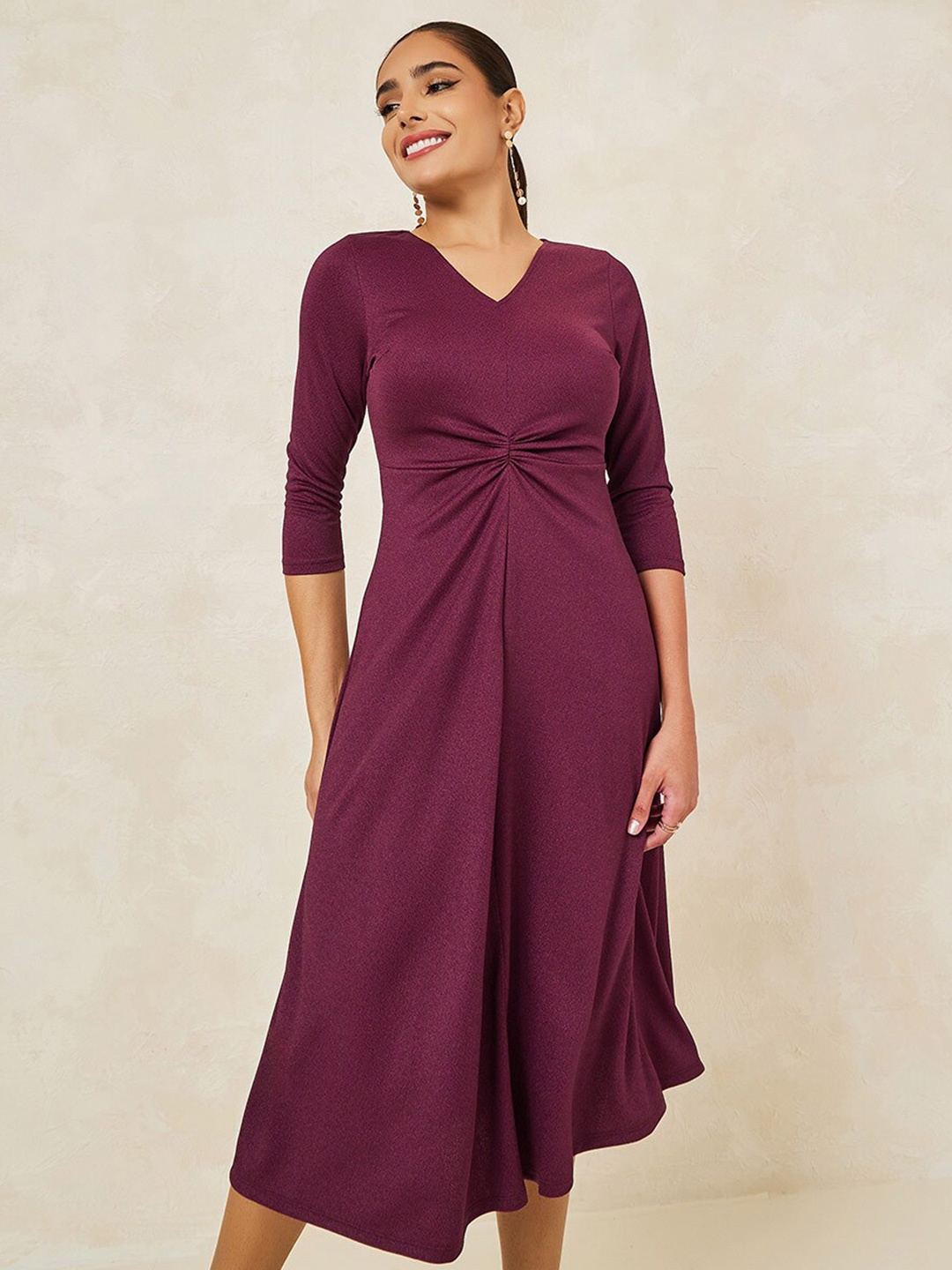 

Styli Women V Neck Gathered Detail A-Line Midi Dress, Burgundy