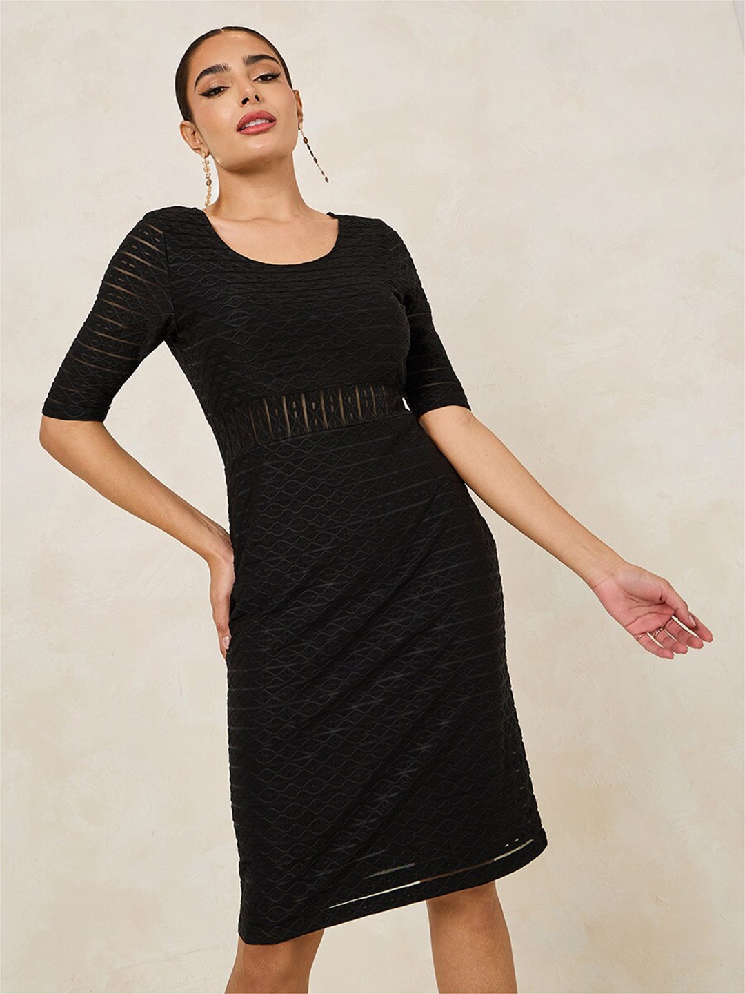 

Styli Women Textured Cut-Out Detail Bodycon Knee Length Dress, Black