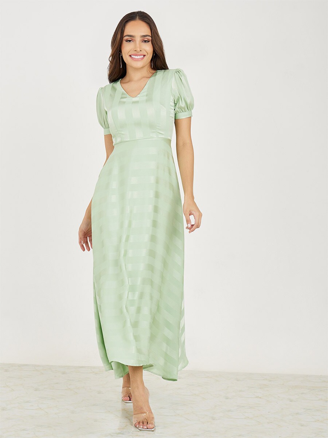 

Styli Women Jacquard Puff Sleeves Self Design A-Line Maxi Dress, Green