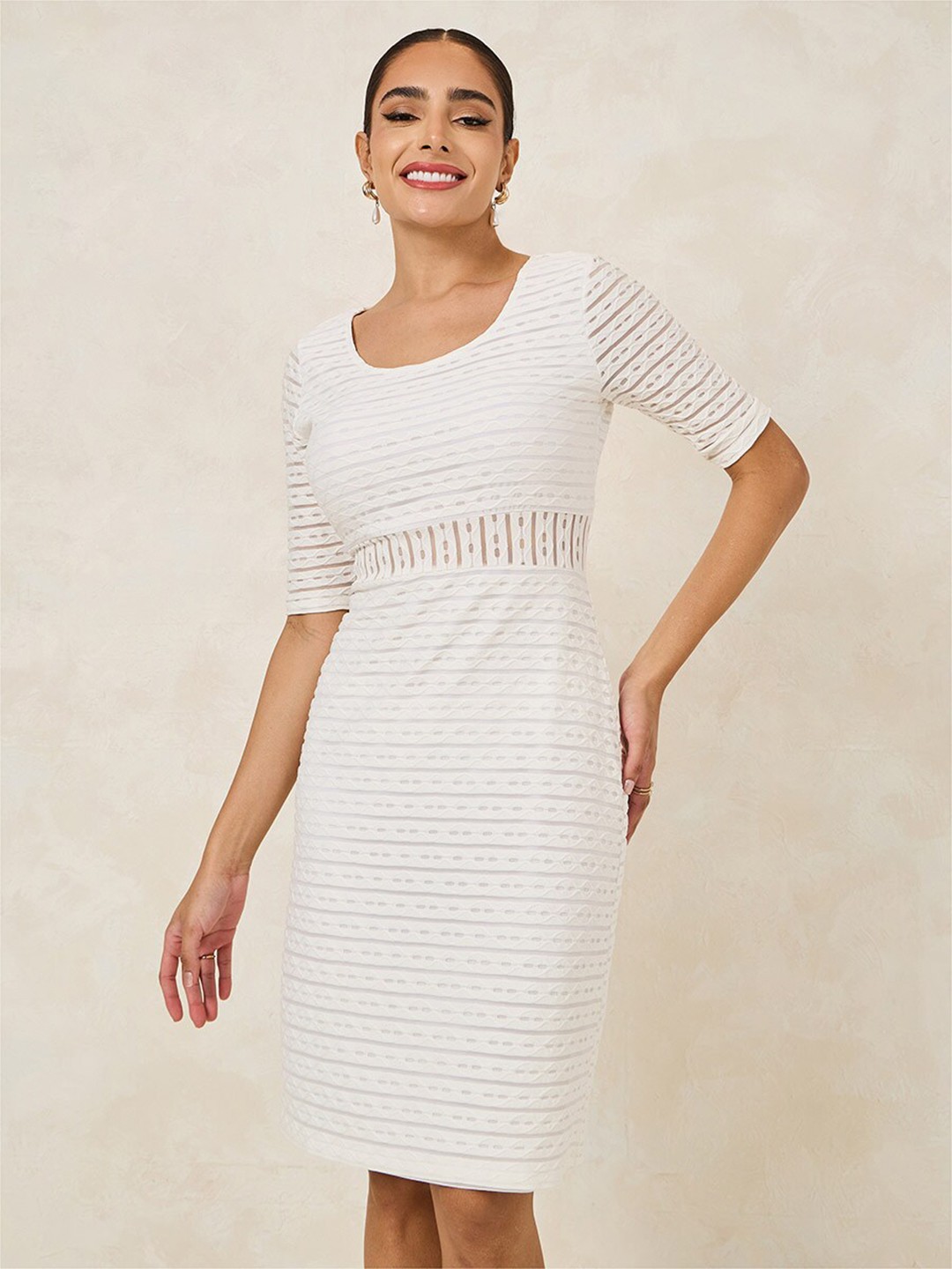 Styli Women Textured Cut-Out Detail Bodycon Knee Length Dress, White
