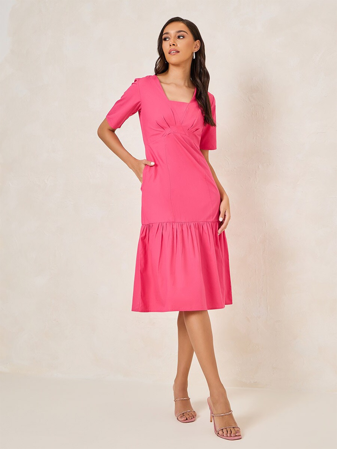 

Styli Women Cotton Poplin Midi Dress, Pink
