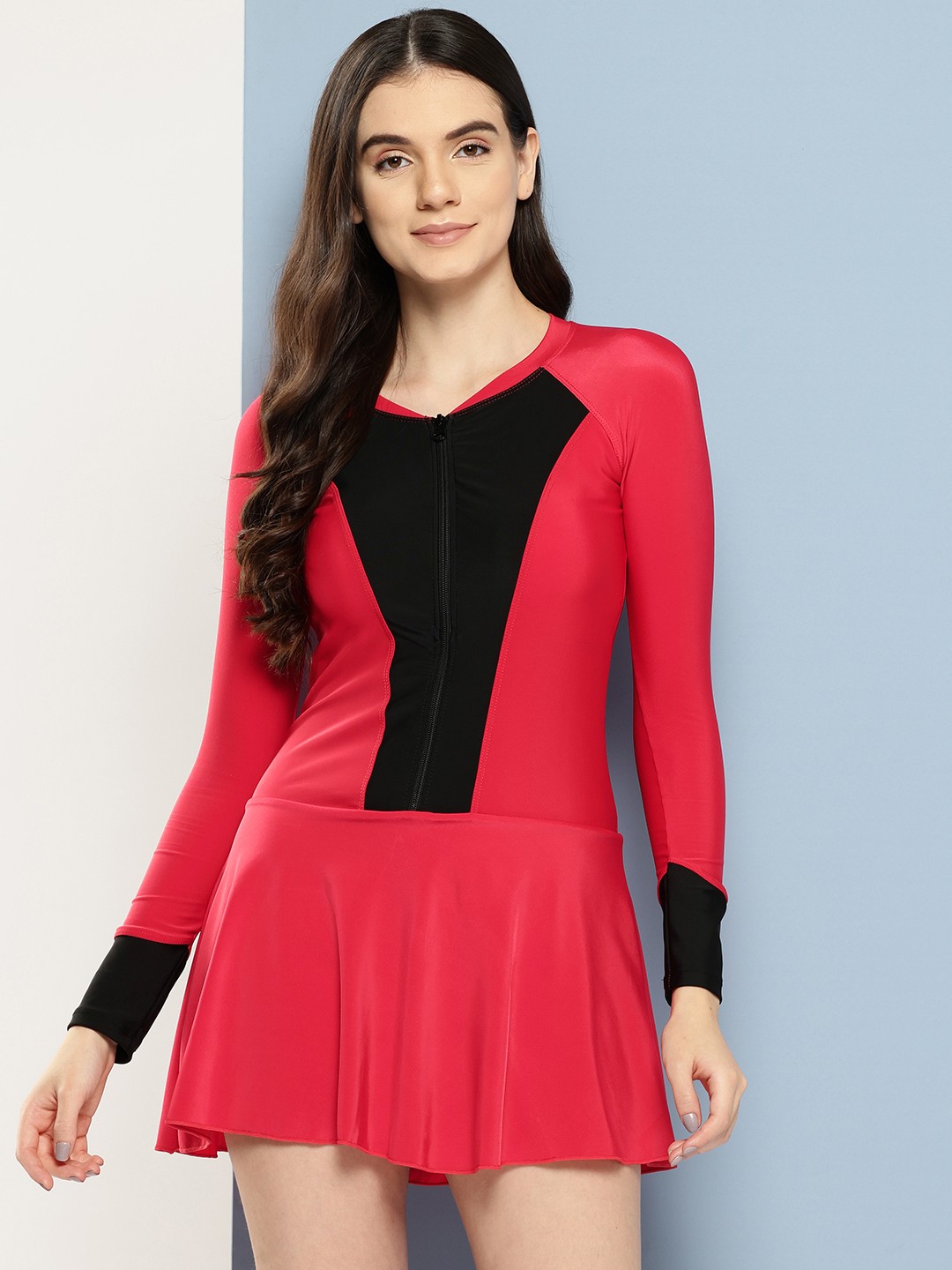 

Aarika Women Colourblocked Full Coverage Swimming Dress, Red