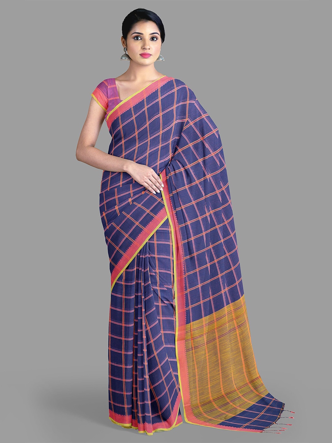 

The Chennai Silks Checked Pure Cotton Saree, Navy blue