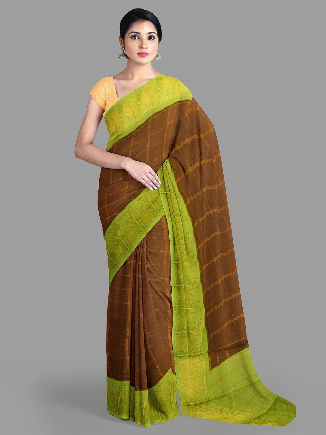 

The Chennai Silks Checked Pure Cotton Sungudi Saree, Brown