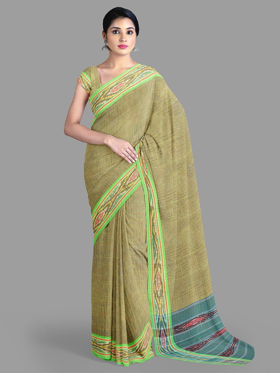 

The Chennai Silks Checked Pure Cotton Pochampally Saree, Olive