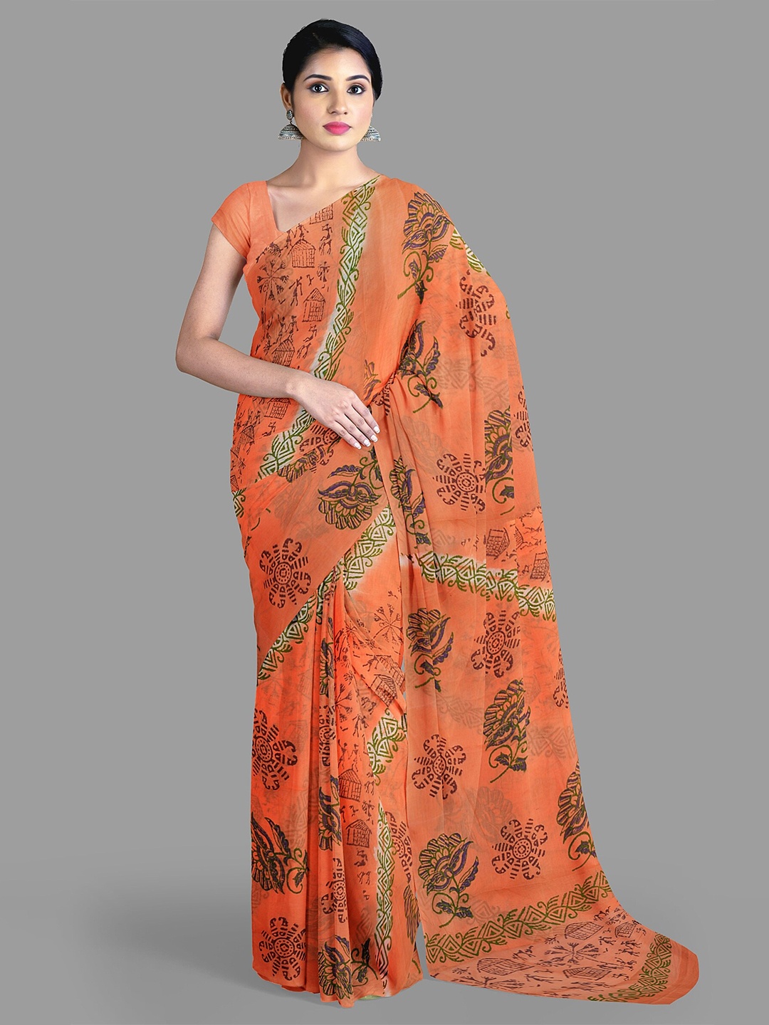 

The Chennai Silks Floral Pure Cotton Sungudi Saree, Orange