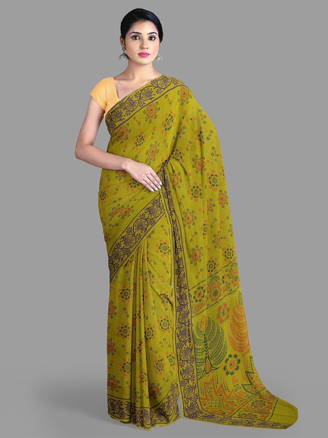 

The Chennai Silks Floral Pure Cotton Sungudi Saree, Olive