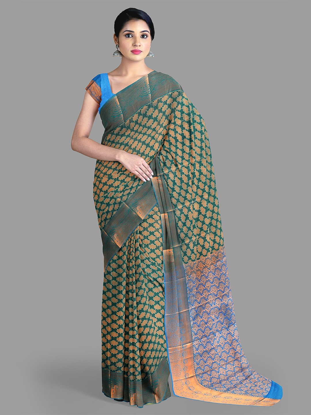 

The Chennai Silks Floral Zari Art Silk Kanjeevaram Saree, Green