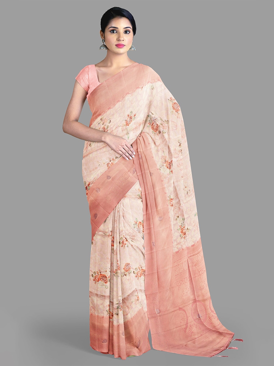 

The Chennai Silks Floral Zari Art Silk Arani Saree, Peach