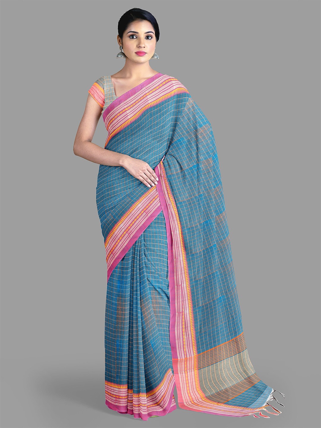 

The Chennai Silks Checked Pure Cotton Saree, Teal