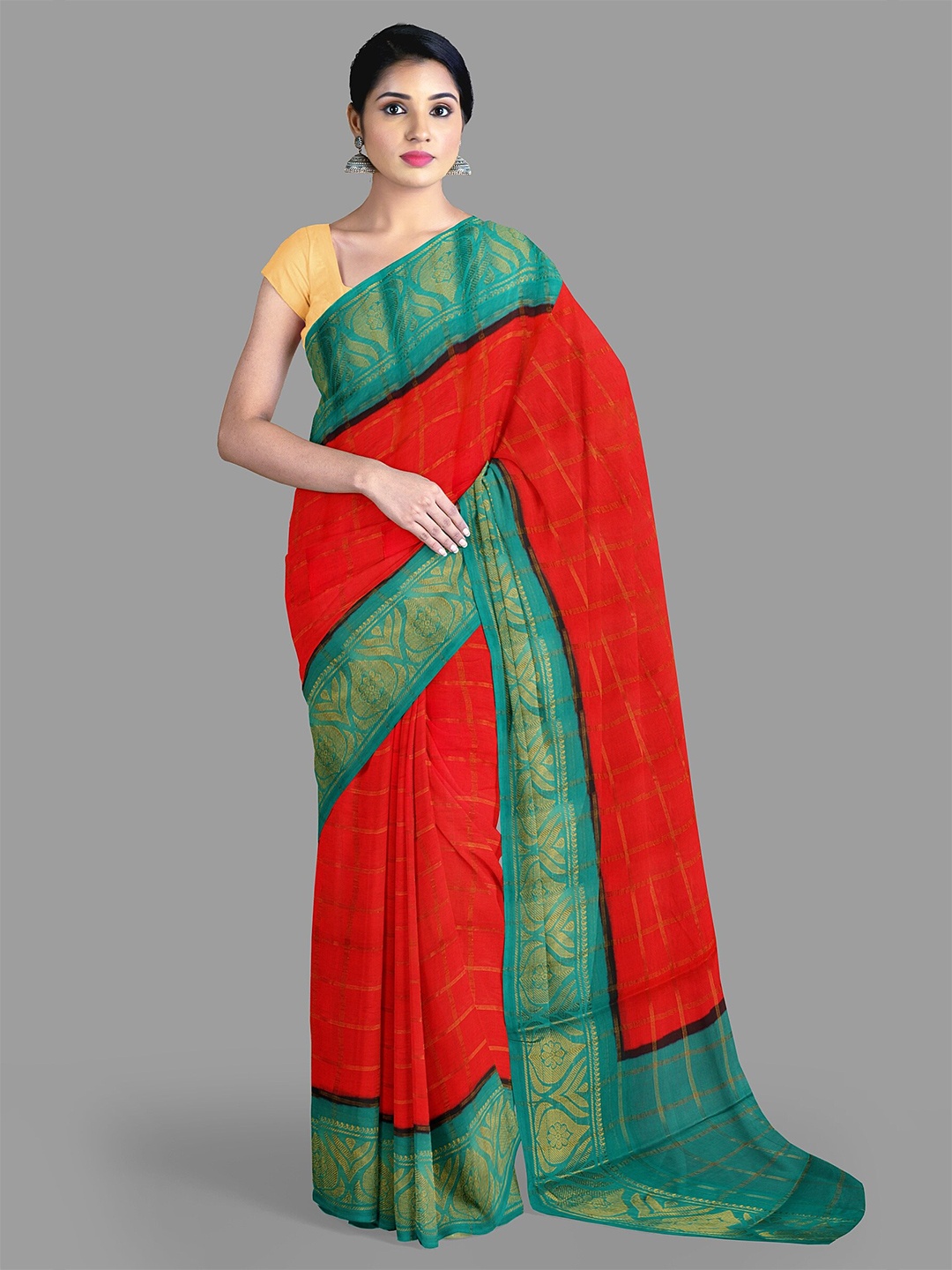 

The Chennai Silks Checked Zari Pure Cotton Sungudi Saree, Red