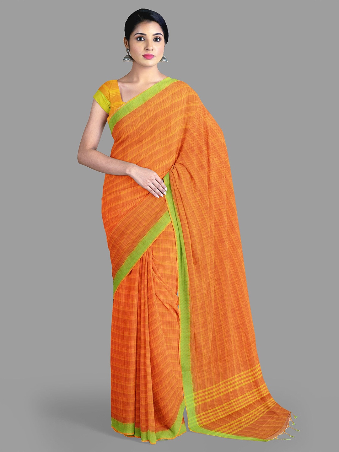 

The Chennai Silks Checked Zari Pure Cotton Saree, Orange
