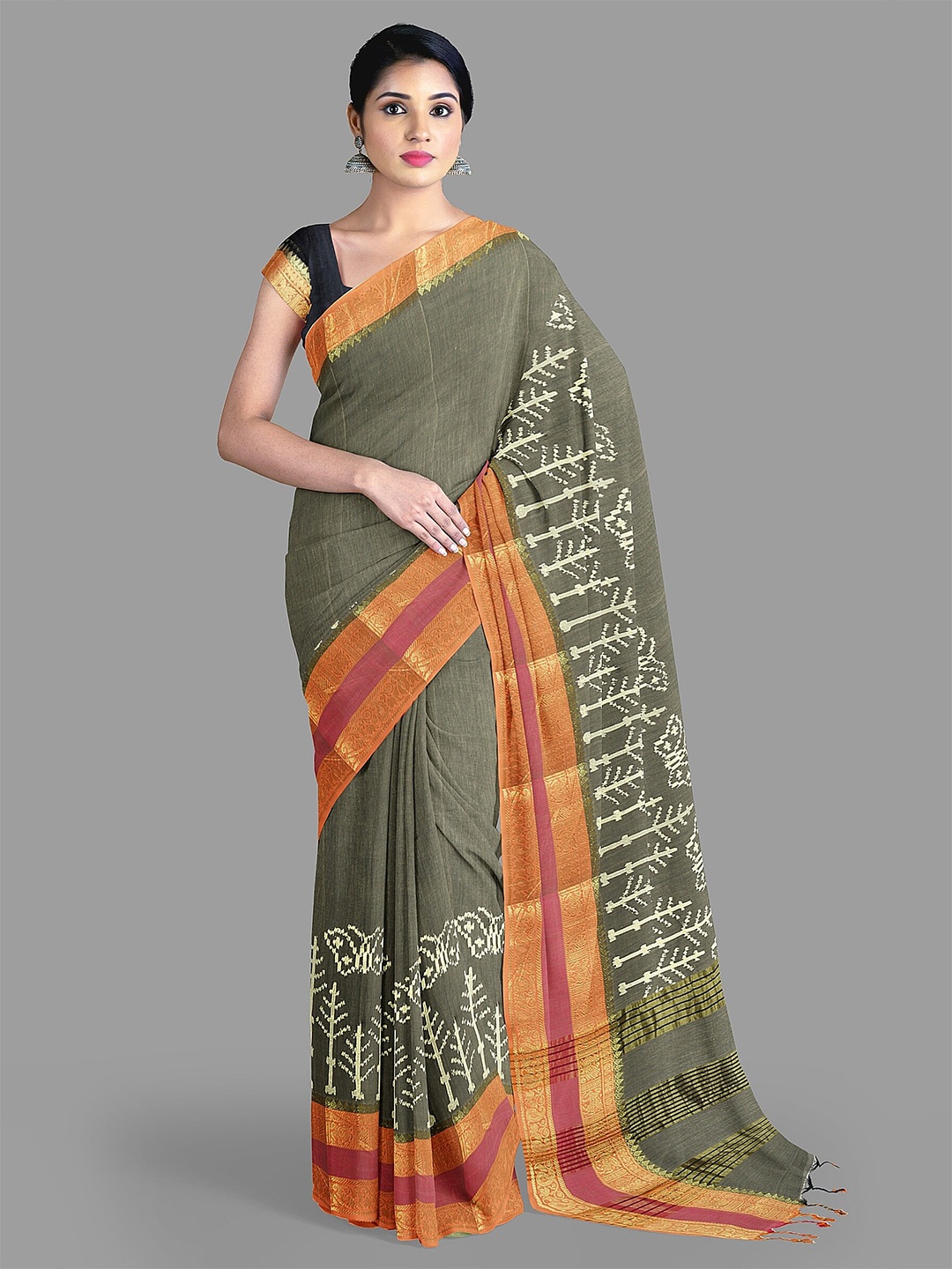 

The Chennai Silks Ethnic Motifs Zari Pure Cotton Saree, Grey