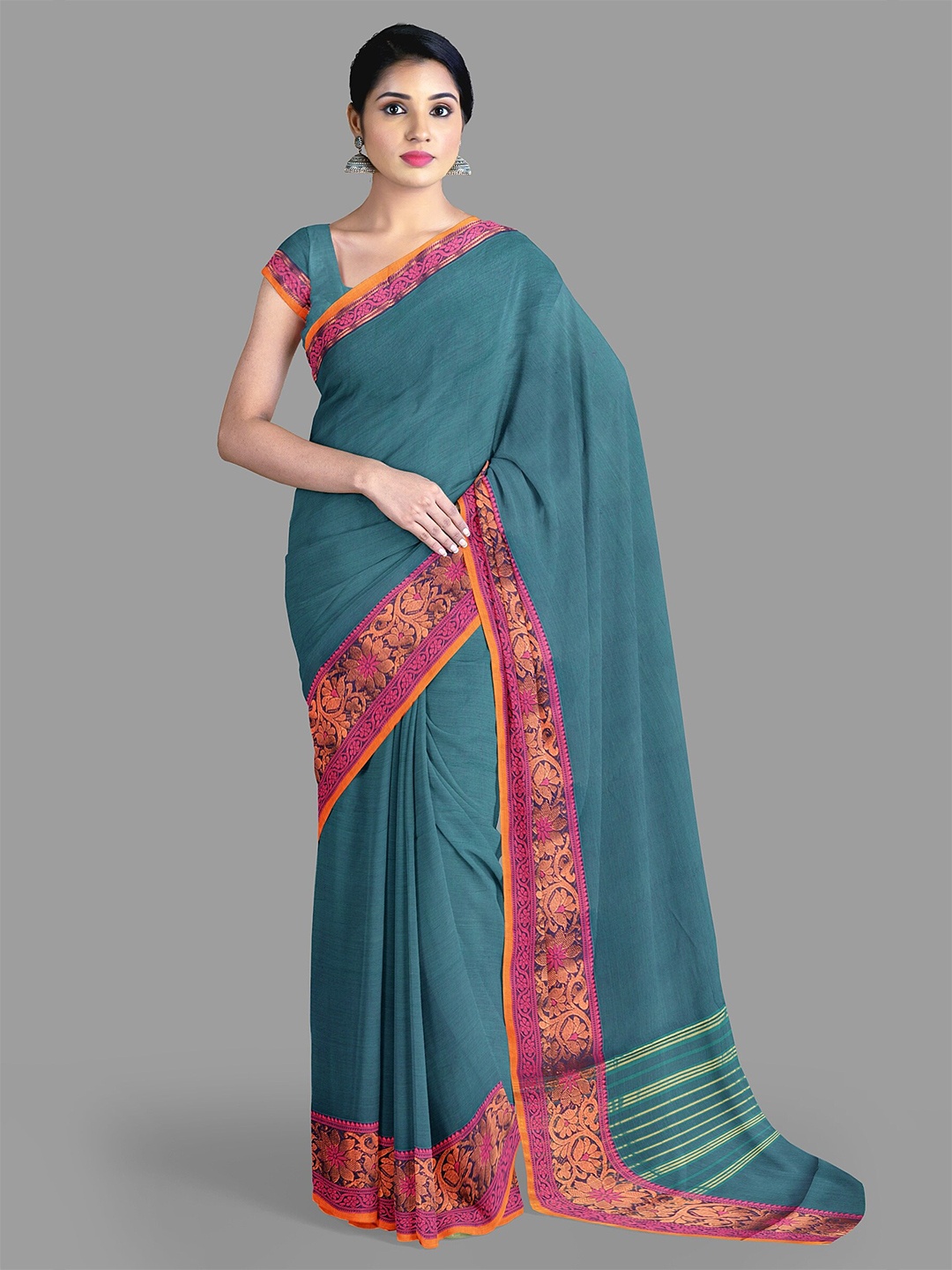 

The Chennai Silks Zari Pure Cotton Chettinad Saree, Teal