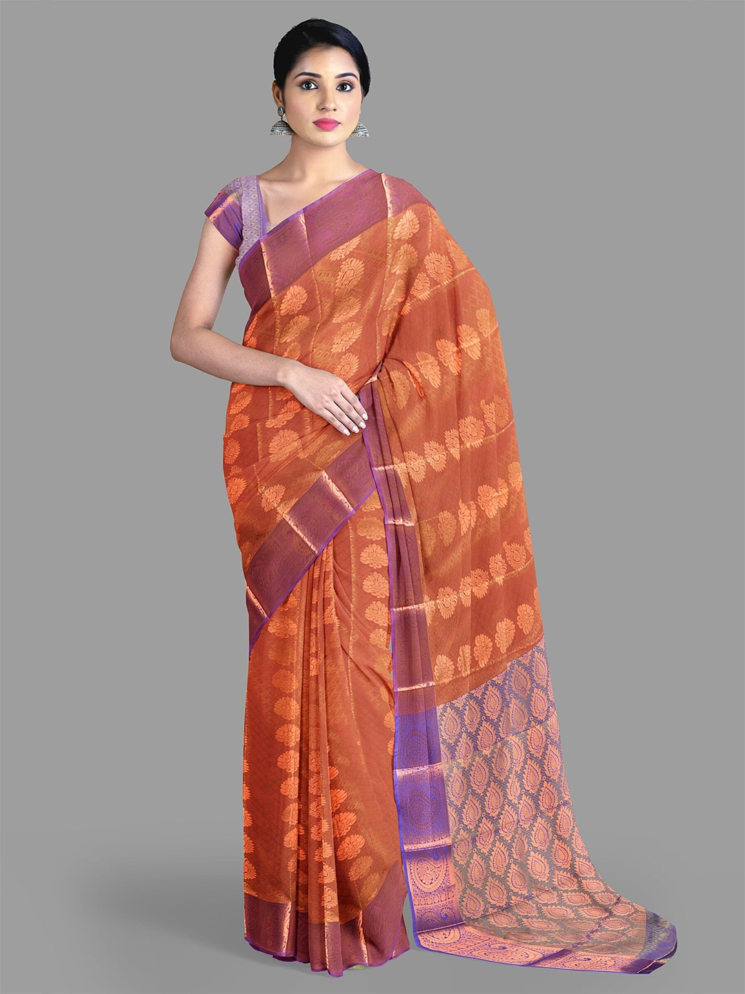 

The Chennai Silks Ethnic Motifs Zari Art Silk Kanjeevaram Saree, Rust