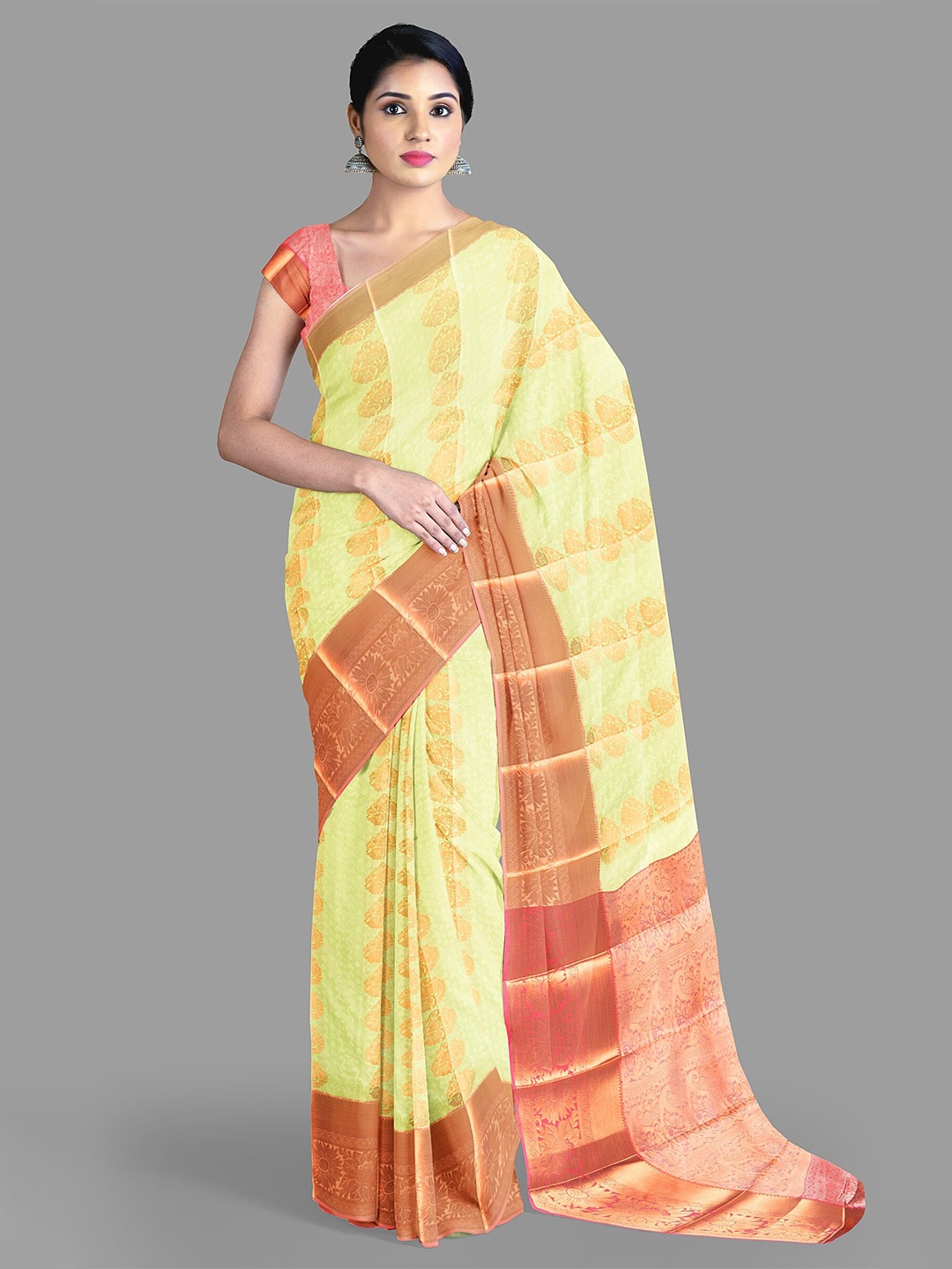 

The Chennai Silks Ethnic Motifs Zari Art Silk Kanjeevaram Saree, Olive