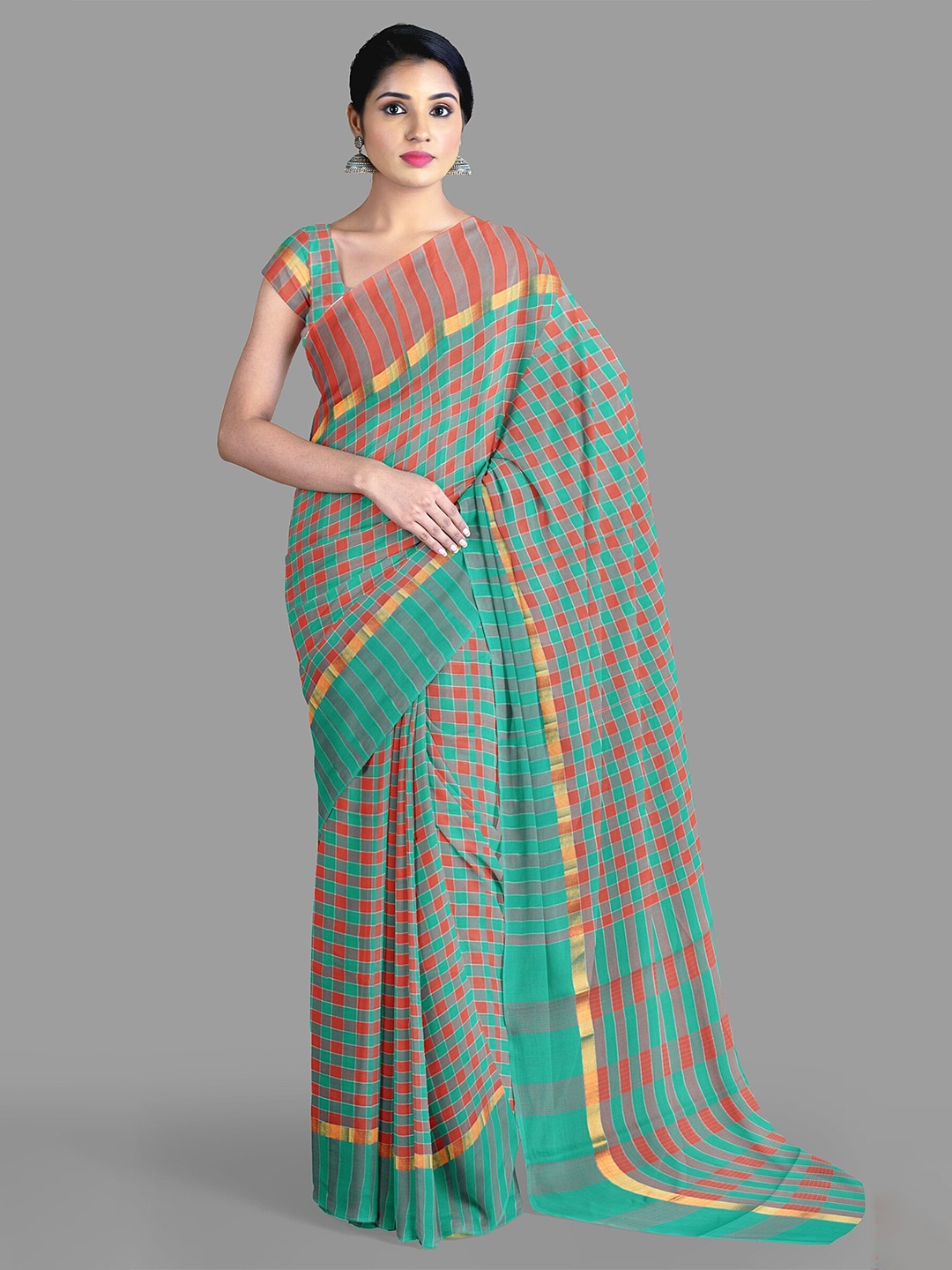 

The Chennai Silks Checked Zari Pure Cotton Saree, Teal