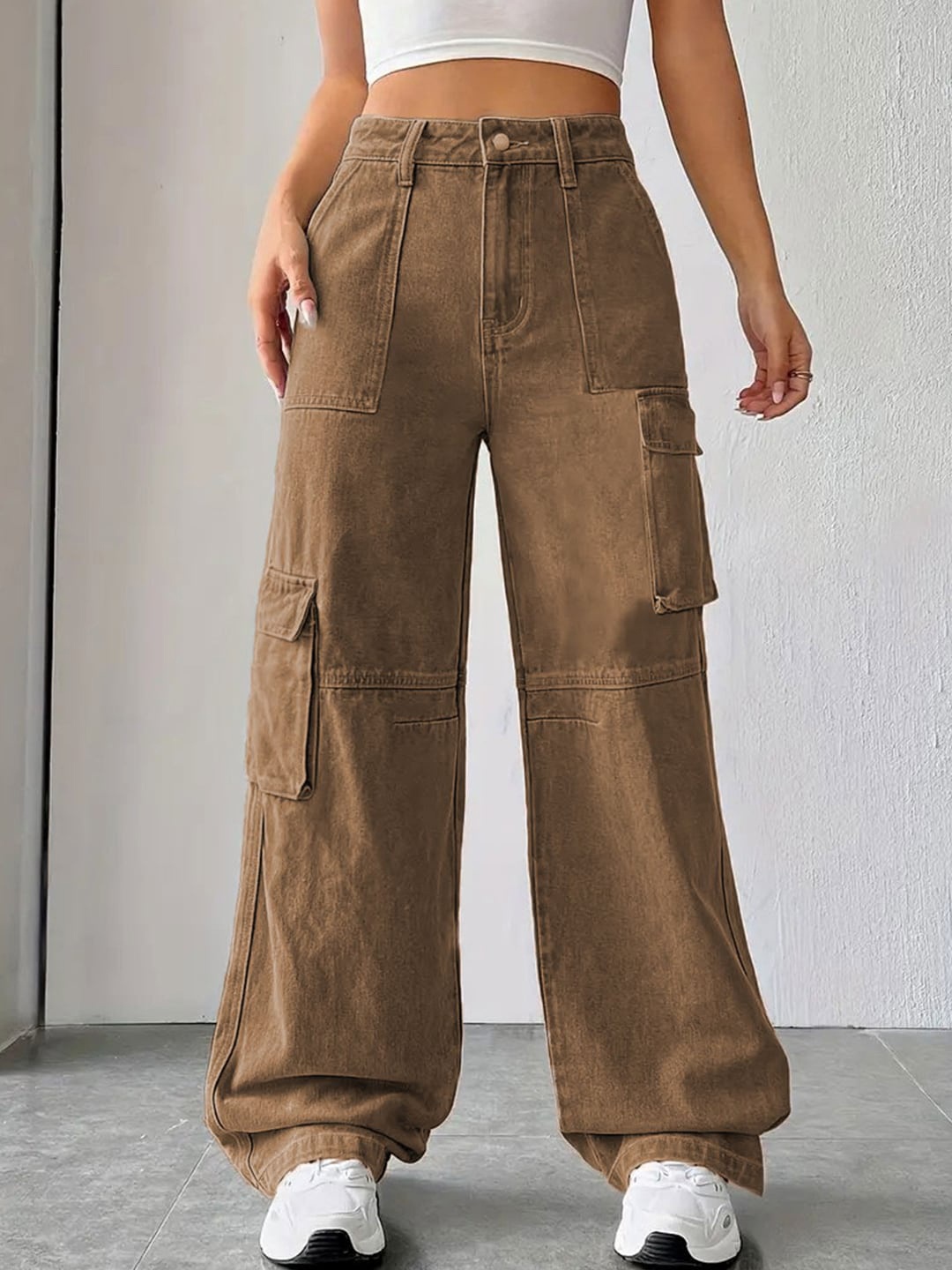 

BLACK SCISSOR Women Wide Leg Clean Look Cargo Cotton Jeans, Brown