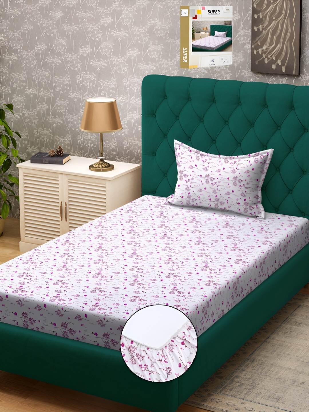 

KLOTTHE White & Purple Geometric Printed 300 TC Fitted Single Bedsheet With 1 Pillow Cover