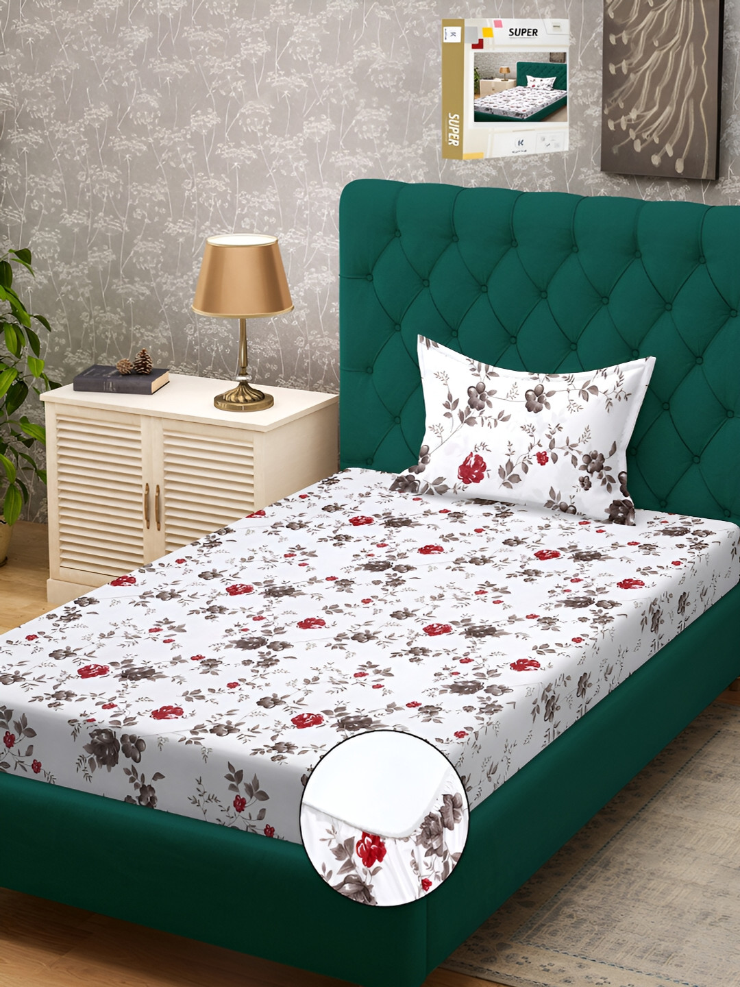 

KLOTTHE White & Grey Printed 300 TC Single Bed Fitted Bedsheet With 1 Pillow Cover