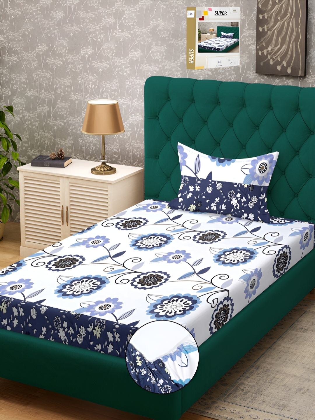

KLOTTHE White & Blue Floral Printed 300 TC Fitted Single Bedsheet With 1 Pillow Cover
