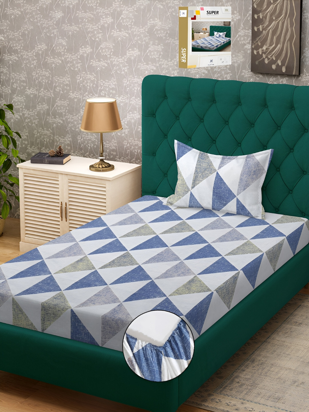 

KLOTTHE Blue & Grey Geometric Printed 300 TC Fitted Single Bedsheet With 1 Pillow Cover