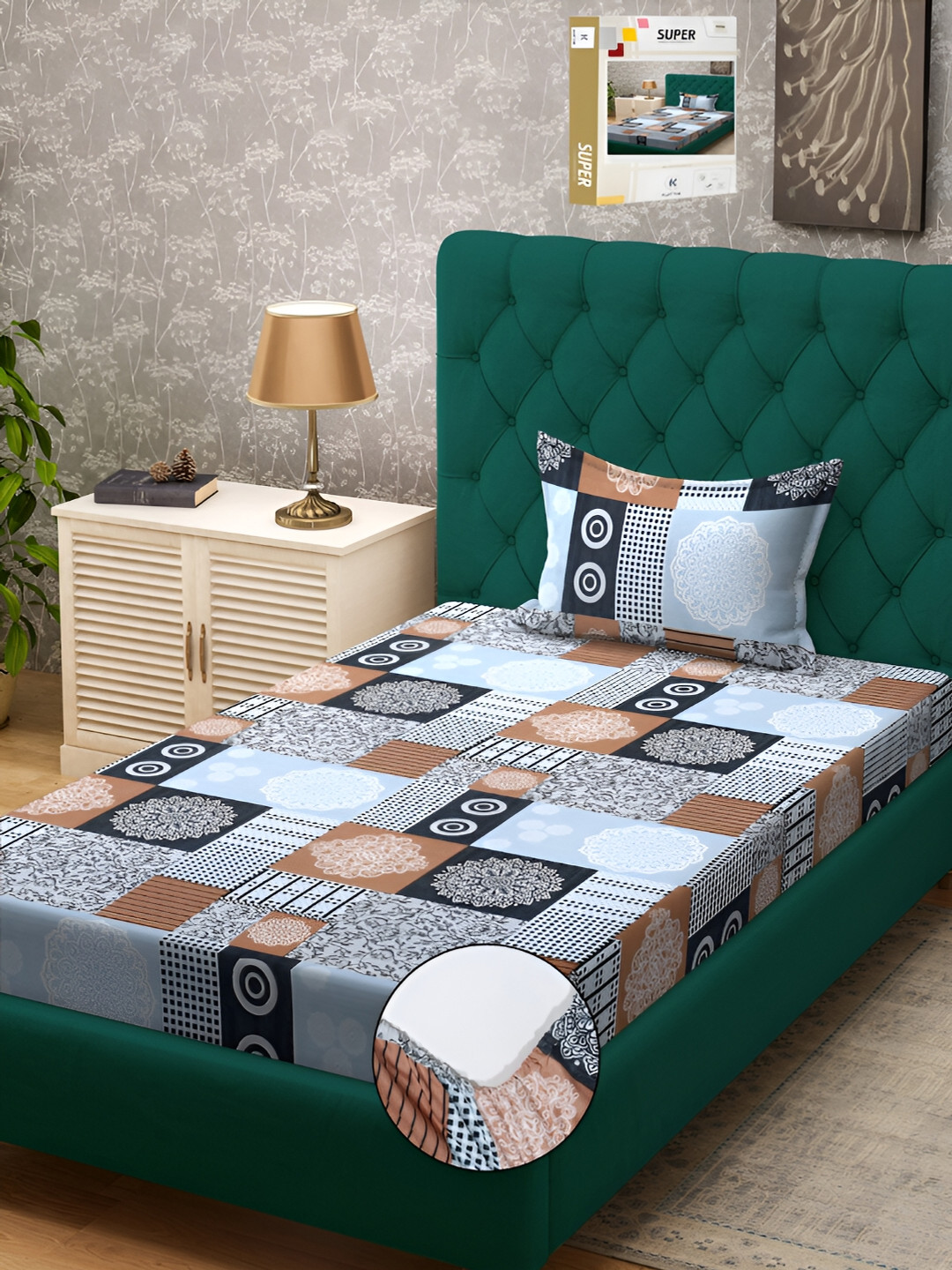 

KLOTTHE Sky Blue Geometric Printed 300TC Single Bedsheet With 1 Pillow Cover