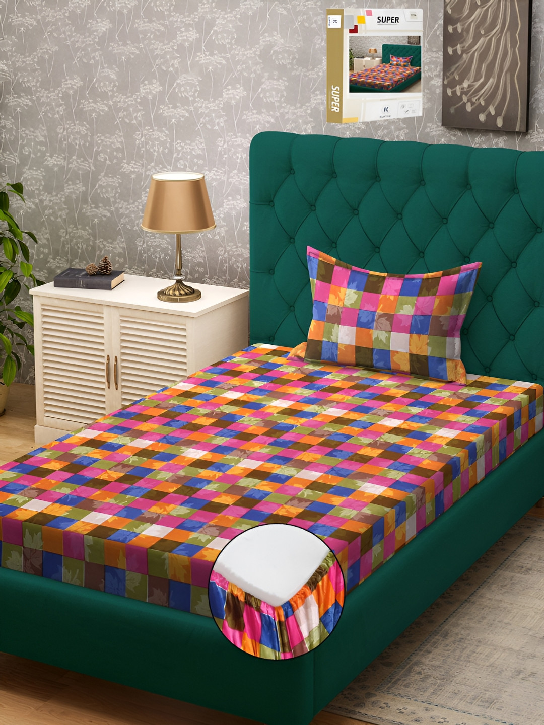 

KLOTTHE Pink & Green Geometric Printed 300 TC Fitted Single Bedsheet With 1 Pillow Cover