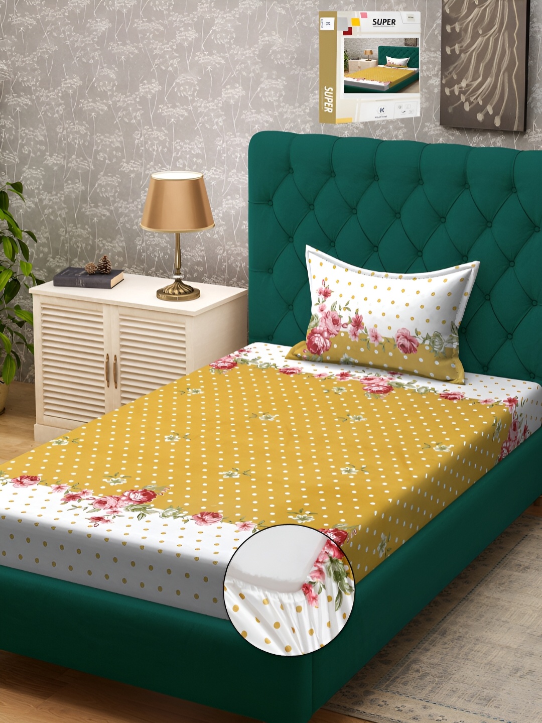 

KLOTTHE Yellow & White Floral Printed 300TC Single Fitted Bedsheet With Pillow Cover