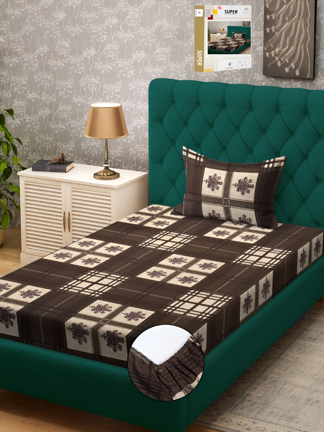 

KLOTTHE Brown & Beige Geometric Printed 300TC Single Fitted Bedsheet With Pillow Cover