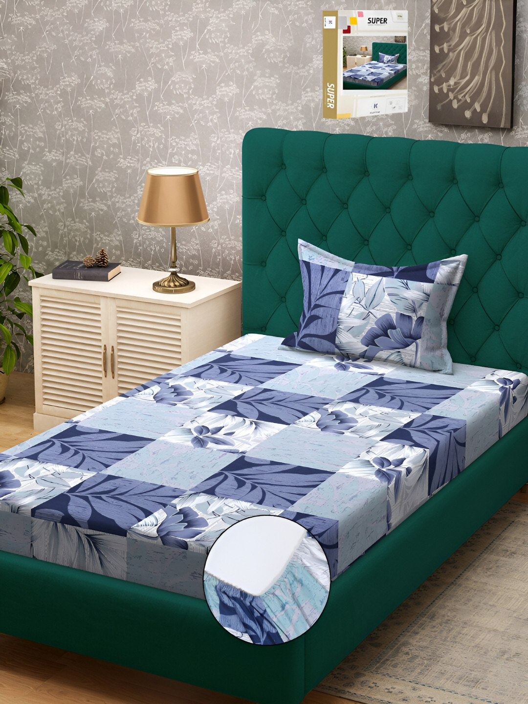 

KLOTTHE Blue & White Floral Printed 300 TC Fitted Single Bedsheet With 1 Pillow Cover