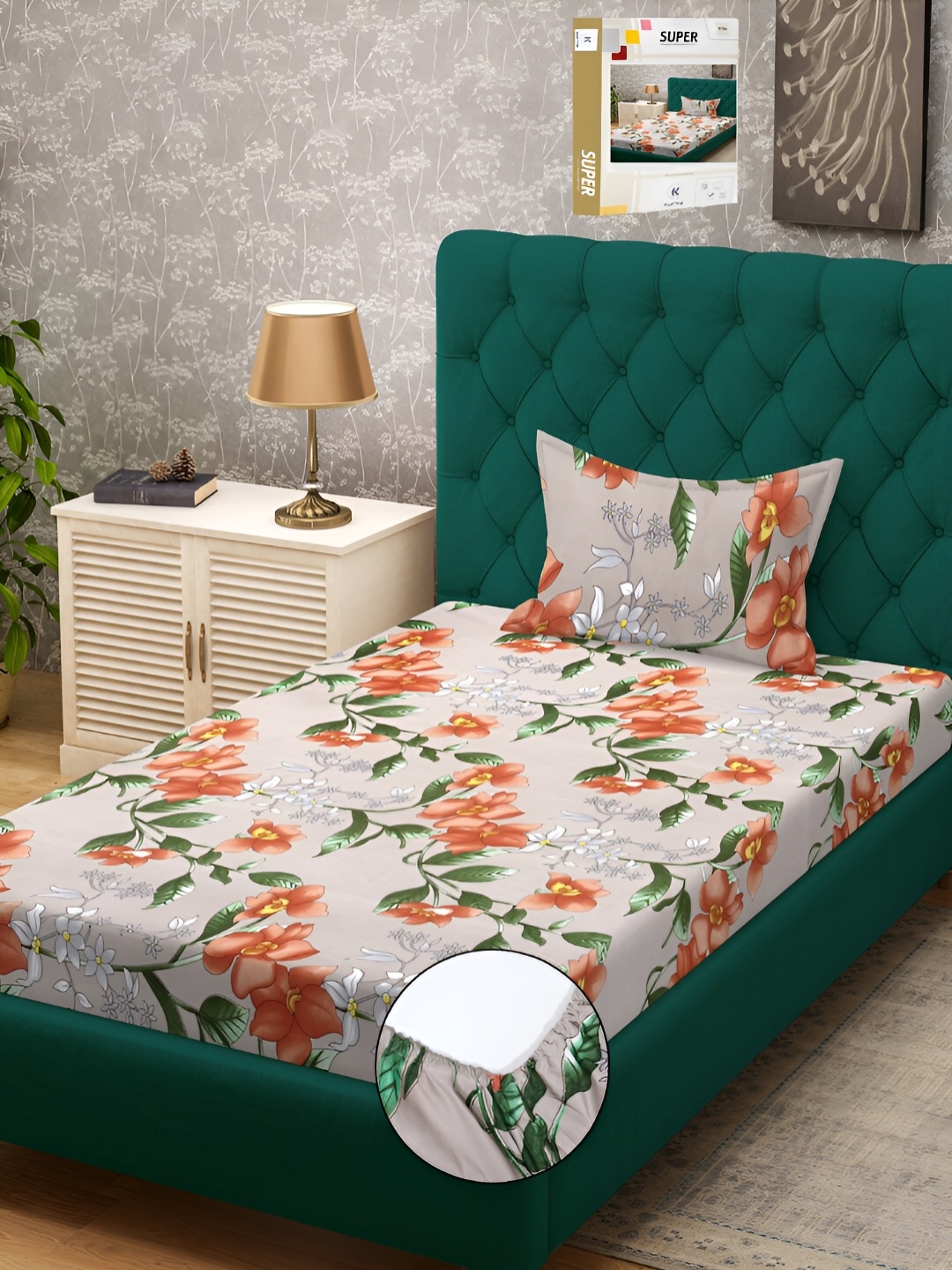 

KLOTTHE Beige & Orange Floral Printed Fitted 300TC Single Bedsheet With Pillow Cover