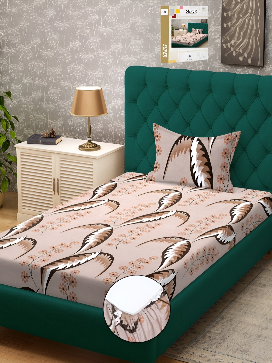 

KLOTTHE Brown & Black Printed 300 TC Fitted Bedsheet With 1 Pillow Cover