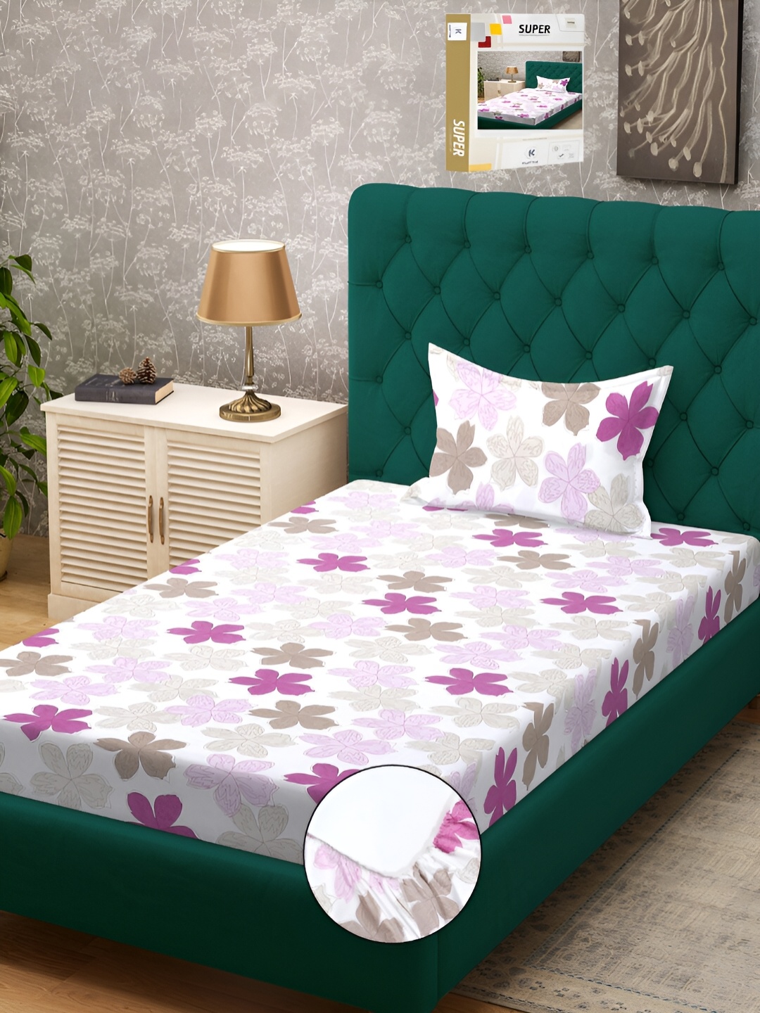 

KLOTTHE White & Pink Floral Printed 300 TC Single Bed Fitted Bedsheet With Pillow Cover