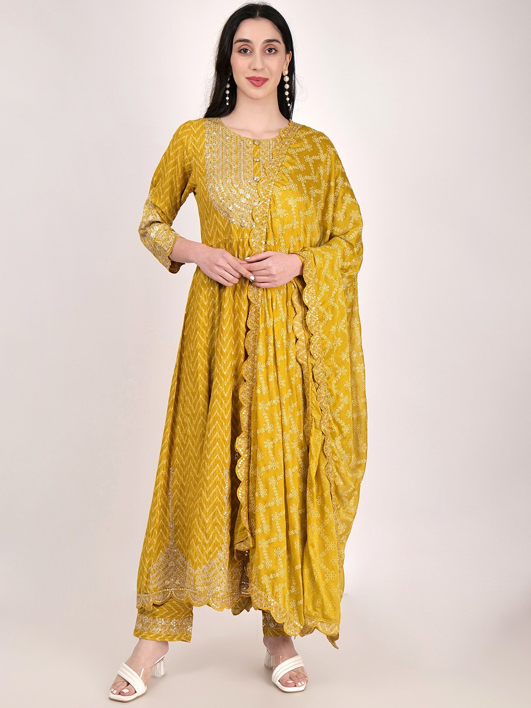 

SHIWANGI COUTURE Ethnic Motifs Embroidered Sequinned Anarkali Kurta & Trousers & Dupatta, Yellow