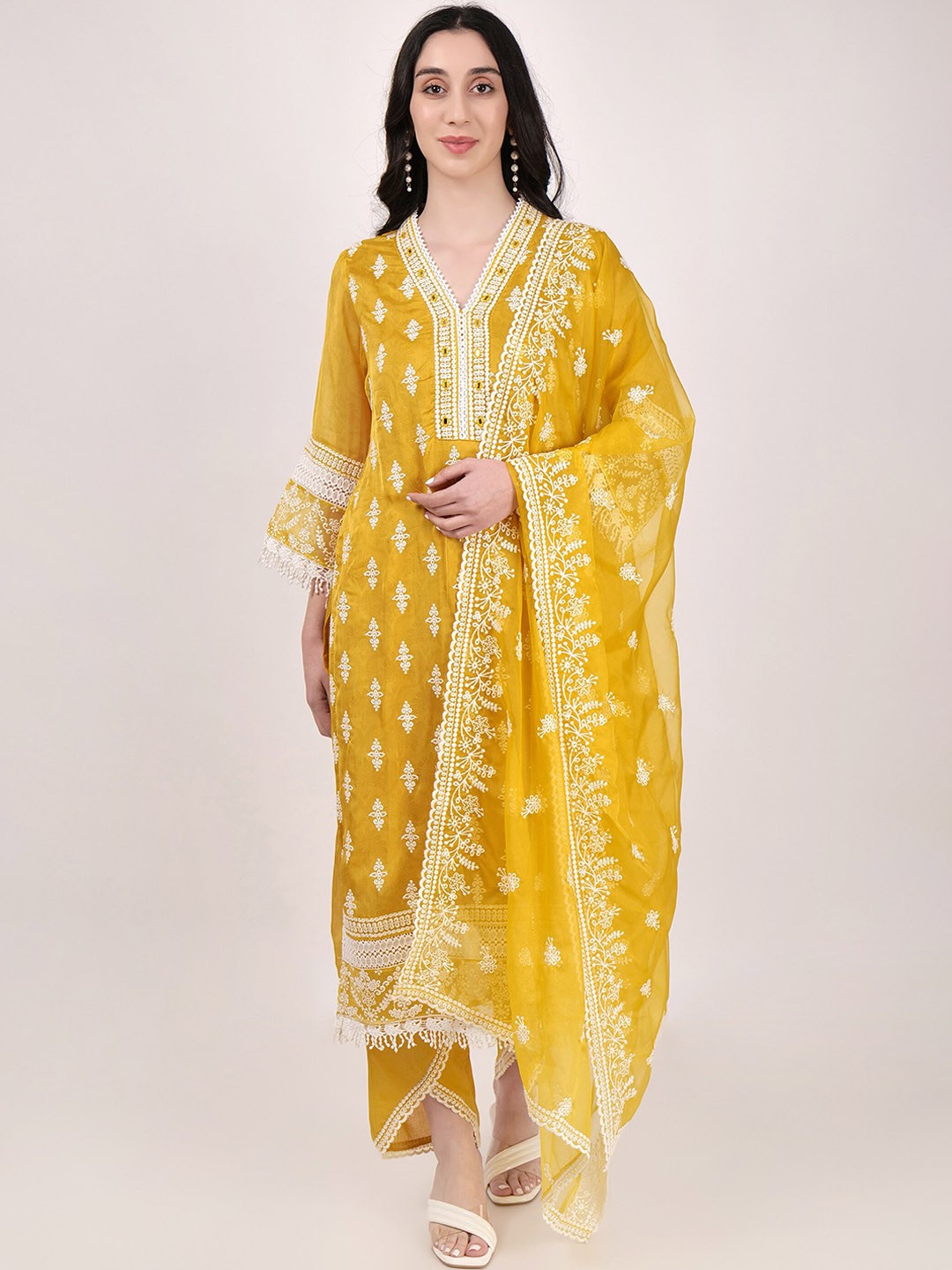 

SHIWANGI COUTURE Embroidered Chikankari Straight Kurta With Pyjamas & Dupatta, Yellow