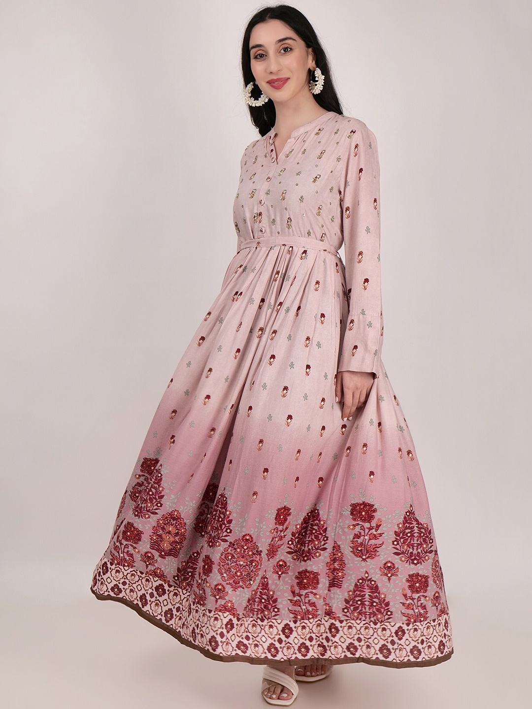 

SHIWANGI COUTURE Ethnic Motifs Printed Mirror Work Maxi Ethnic Dress, Brown