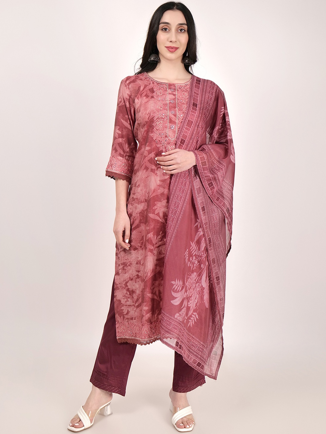 

SHIWANGI COUTURE Floral Printed Pure Cotton Kurta with Trousers & With Dupatta, Brown