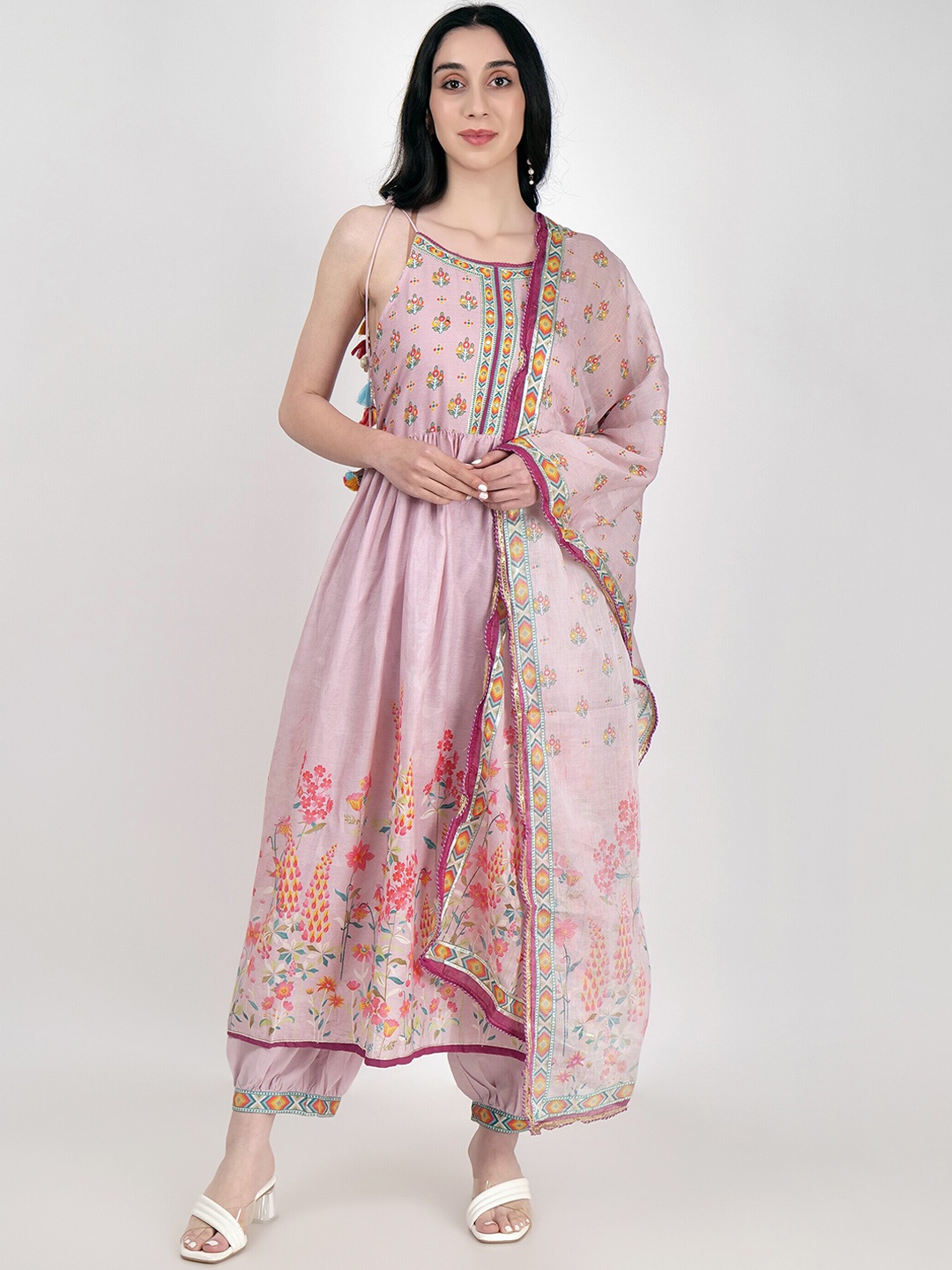 

SHIWANGI COUTURE Floral Printed Empire Sequinned Cotton Anarkali Kurta &Salwar & Dupatta, Lavender