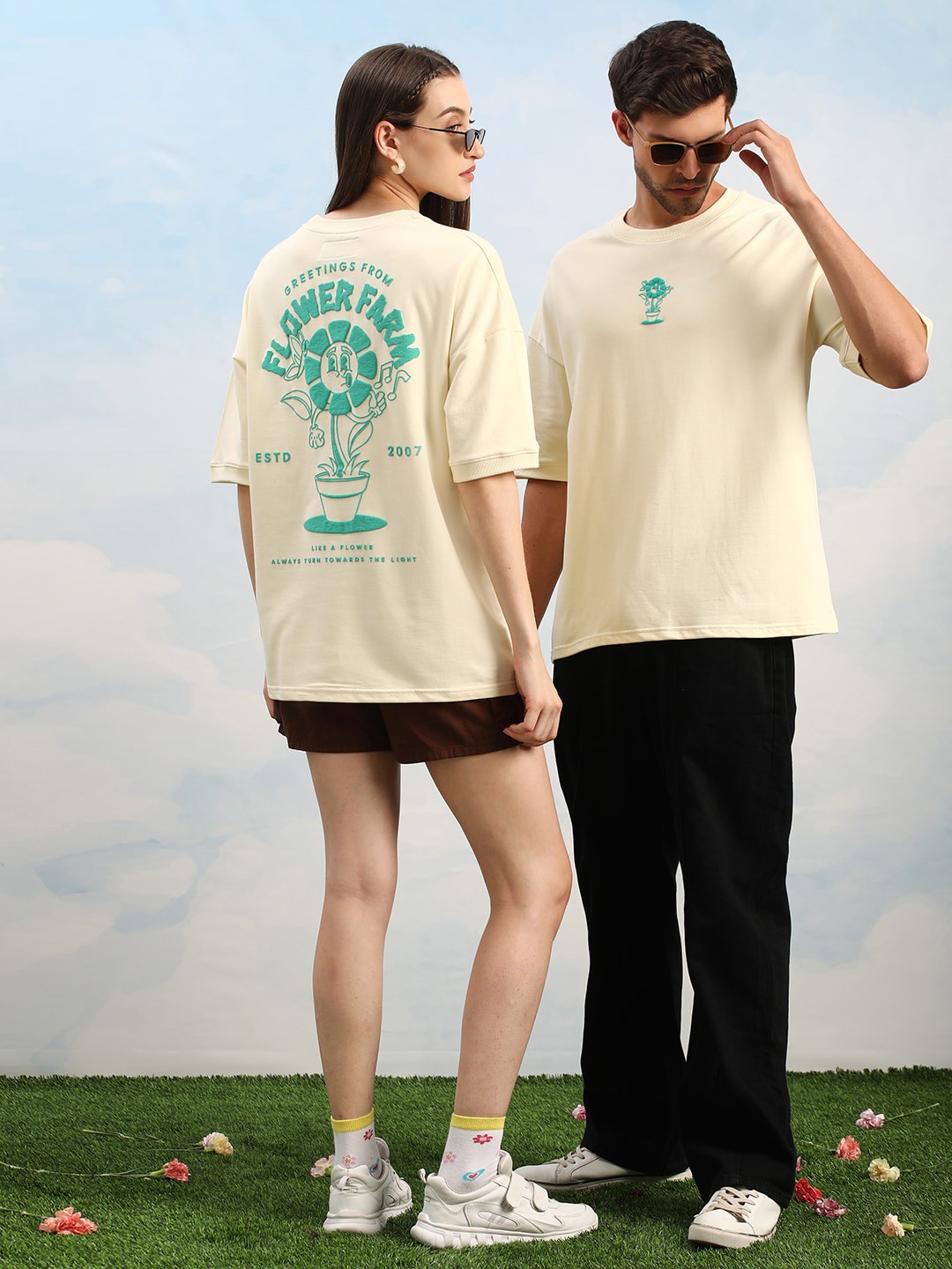 

Dillinger Unisex Drop Shoulder Embossed Terry Cotton Oversized T Shirt, Off white