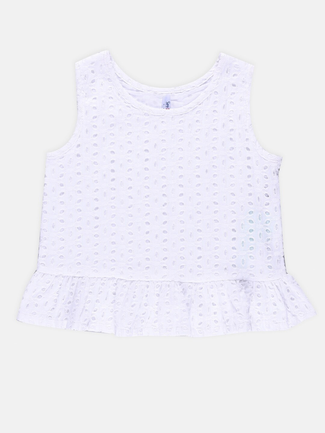 

SPYBY Girls Cotton Peplum Schiffli Embroidered Sleevless Top, White