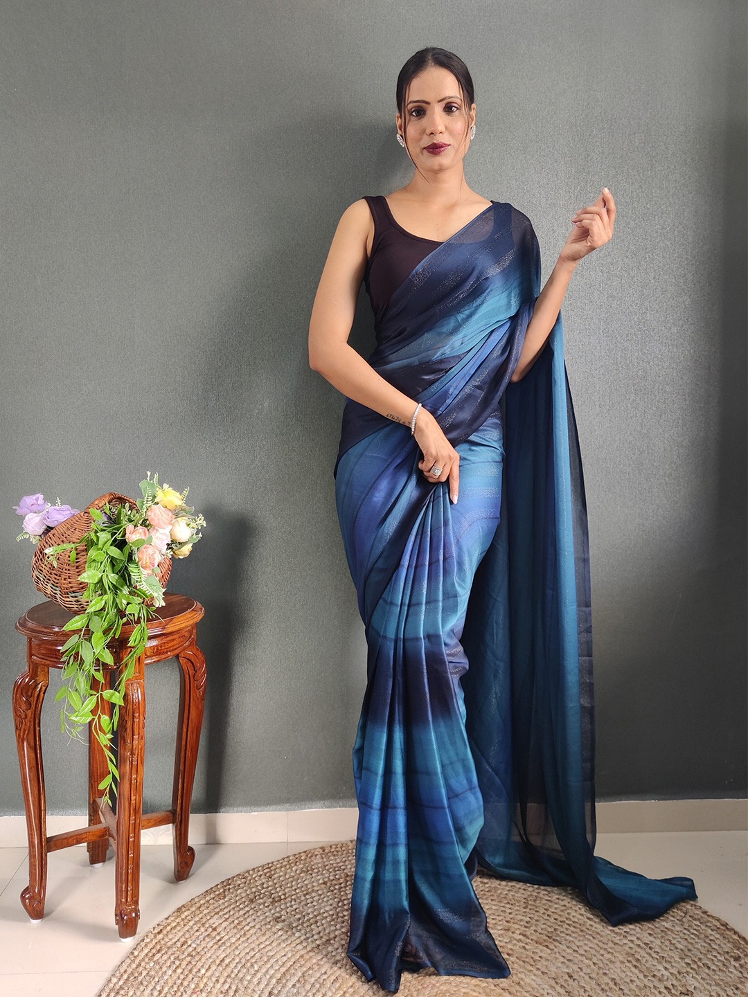 

AWRIYA Striped Blue Nylon Saree