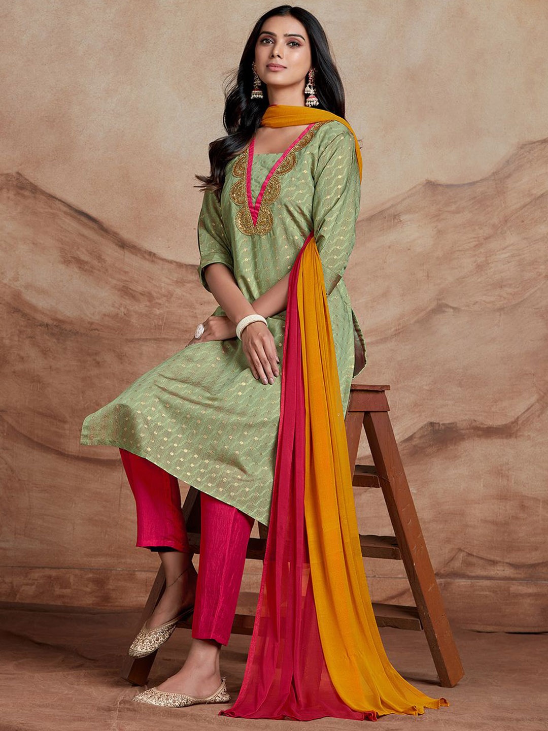 

KALINI Ethnic Motifs Embroidered Sequinned Chanderi Silk Kurta With Trousers & Dupatta, Green